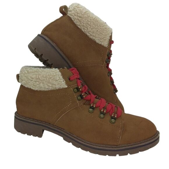 Time & Tru Womens Pre-owned Lace Up, Memory Foam, Faux Leather Tan Boots- sz. 9 - Picture 1 of 5